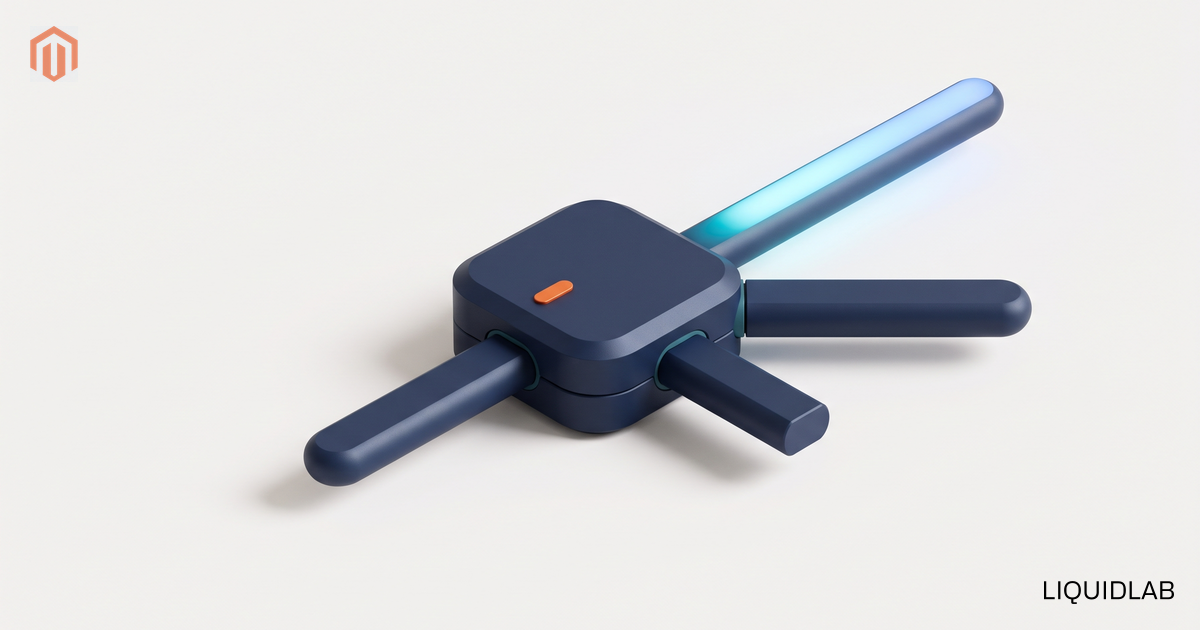 An editorial illustration of a small navy junction block with rails radiating outward at different angles and lengths, only one of them lit along its length in cyan and one ending in a blunt stop, with a single orange marker on the block itself, symbolizing the point where a merchant picks an ecommerce platform.
