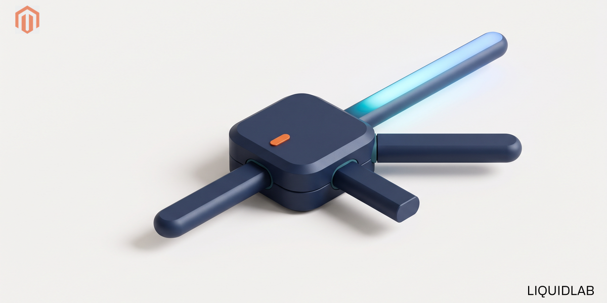 An editorial illustration of a small navy junction block with rails radiating outward at different angles and lengths, only one of them lit along its length in cyan and one ending in a blunt stop, with a single orange marker on the block itself, symbolizing the point where a merchant picks an ecommerce platform.
