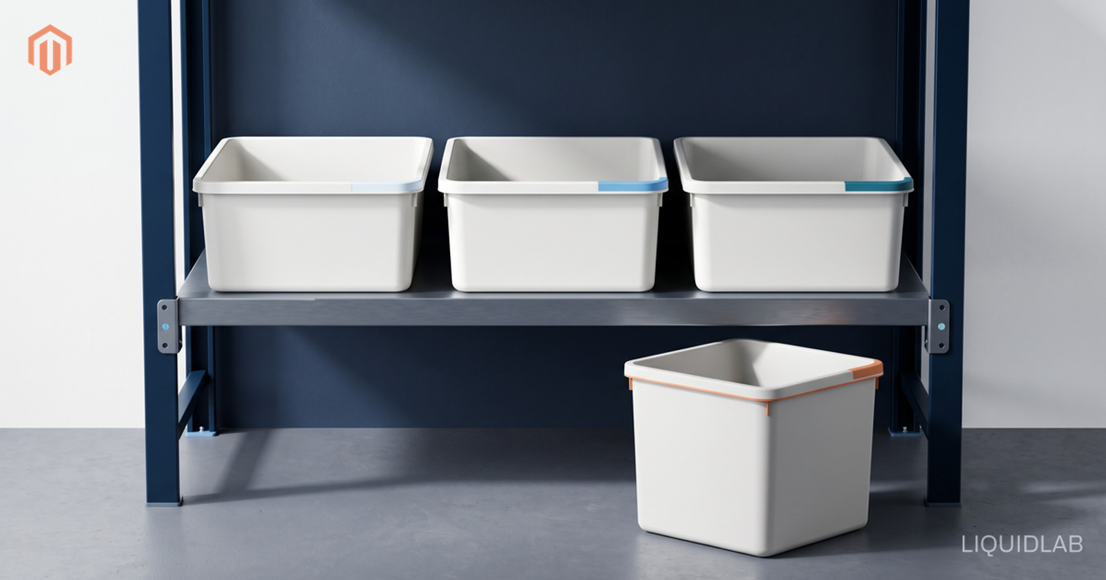 Three matching storage crates sit neatly in a row on a warehouse shelf, while a fourth crate of a different shape sits apart on the floor, unable to fit the row's fixed slots.