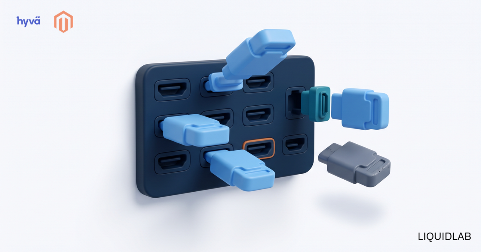 Connector plugs meeting a navy port panel, some fitting, one adapting and one not fitting, illustrating Magento extension compatibility with Hyva.