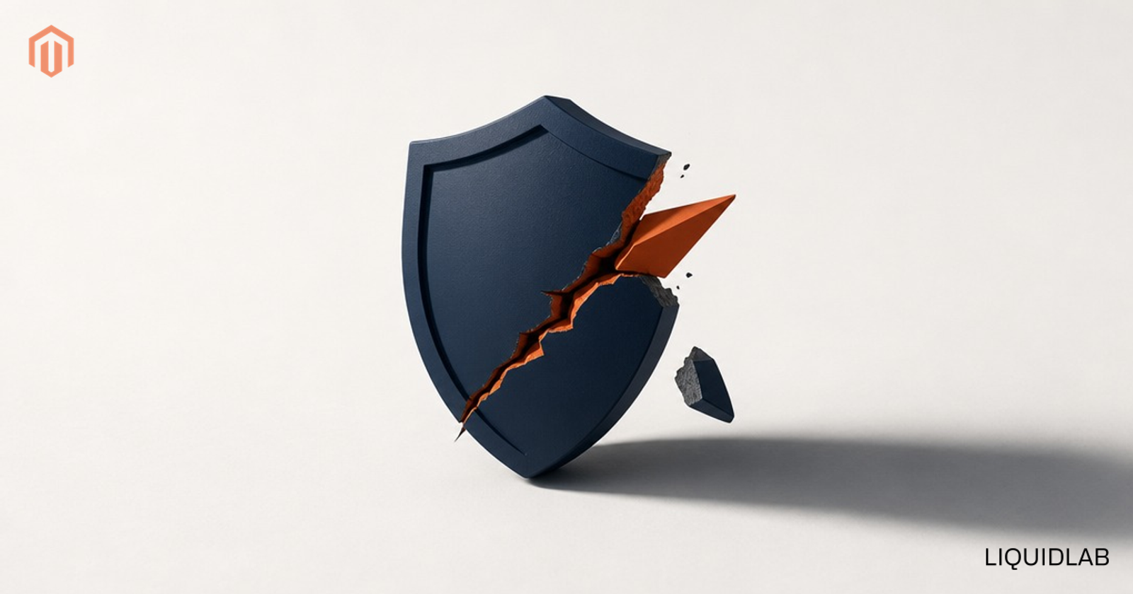 A solid navy shield breached by a jagged orange fracture with a shard driven through it and a fragment breaking away, signalling the actively-exploited StyleSmuggler Magento security breach.