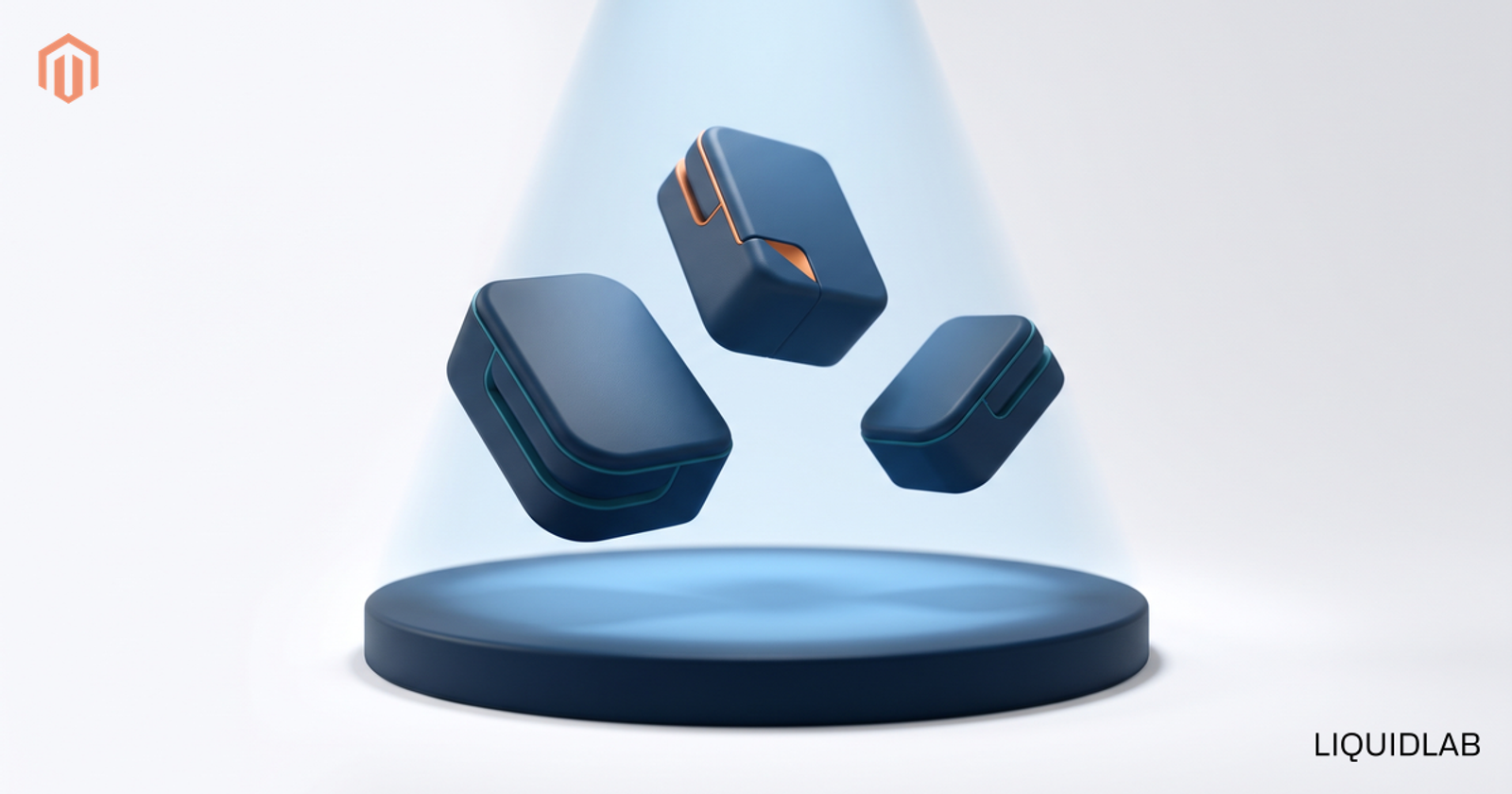 A low navy stage platform under a soft blue spotlight, unveiling three floating modular forms with one orange accent, illustrating new product announcements revealed on stage.