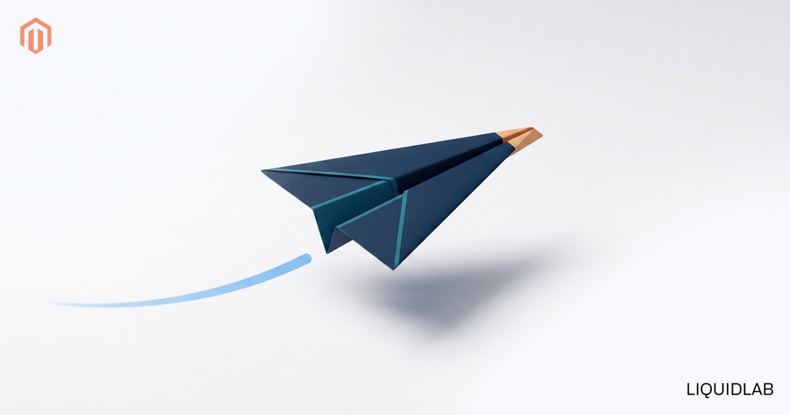 Un avion de hârtie navy în zbor rapid cu o dâră albastru-deschis, ilustrând un magazin Magento rapid și ușor care trece Core Web Vitals.