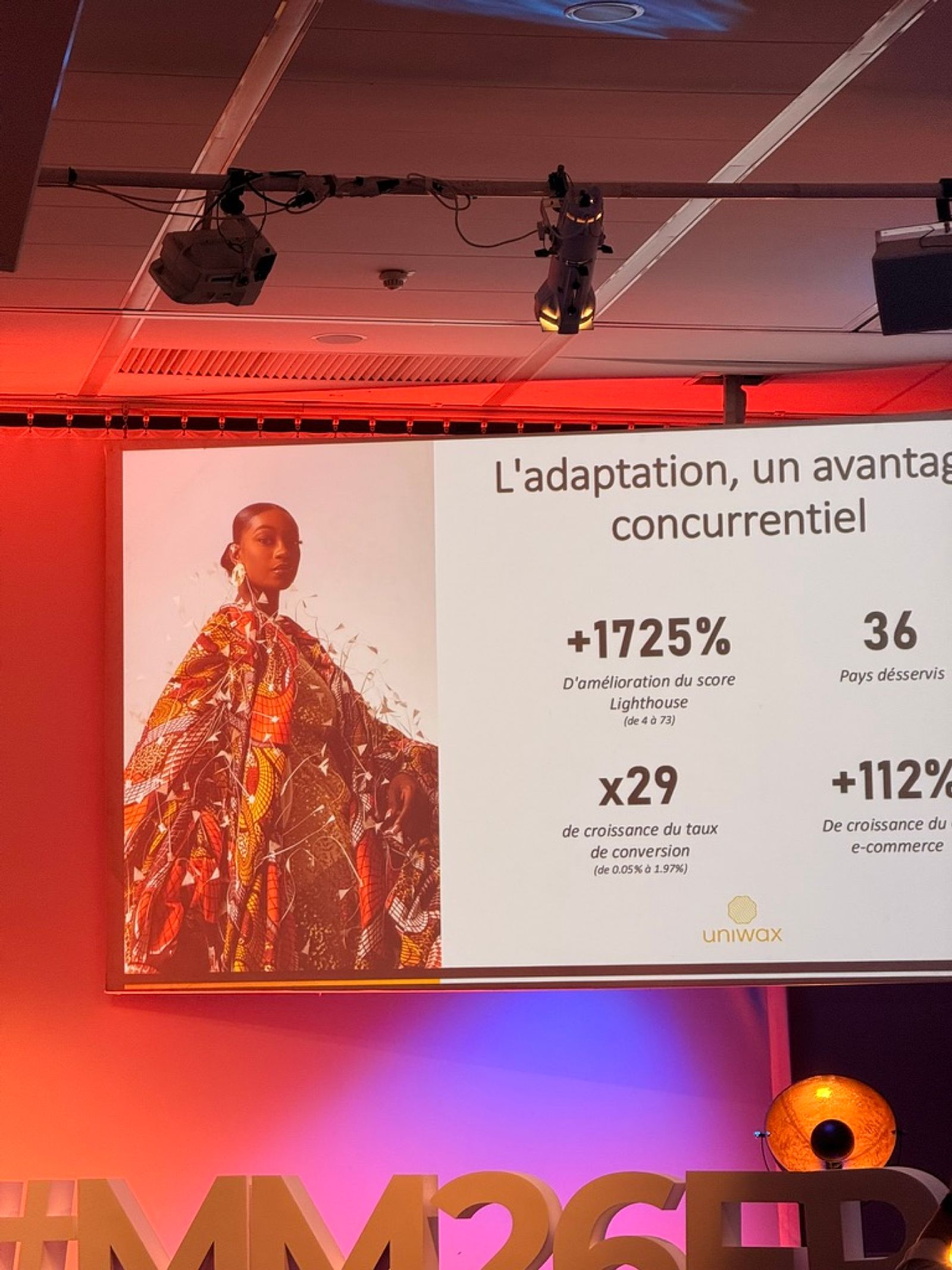 Slide from Aurore Aoussi's Uniwax session at MM France 2026 showing +1725% Lighthouse score improvement, 29x conversion rate growth, +112% eCommerce growth, and 36 countries served.