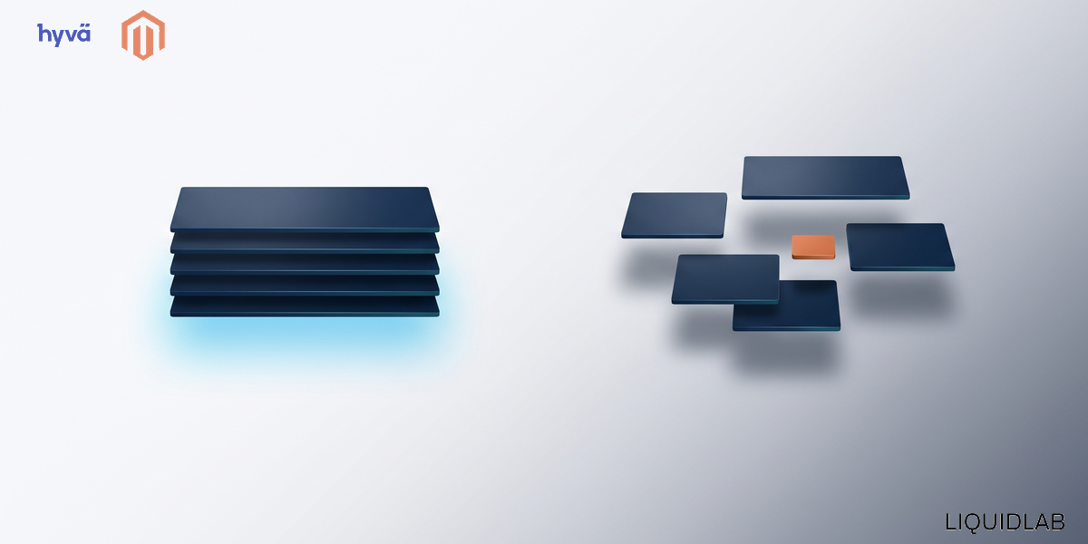 An editorial illustration of five thin navy plates assembled into one solid stack on the left, lit by a soft cyan glow, and the same five plates floating apart and unassembled on the right with one small orange plate among them, symbolizing a prebuilt accelerator package beside a store built from scratch.