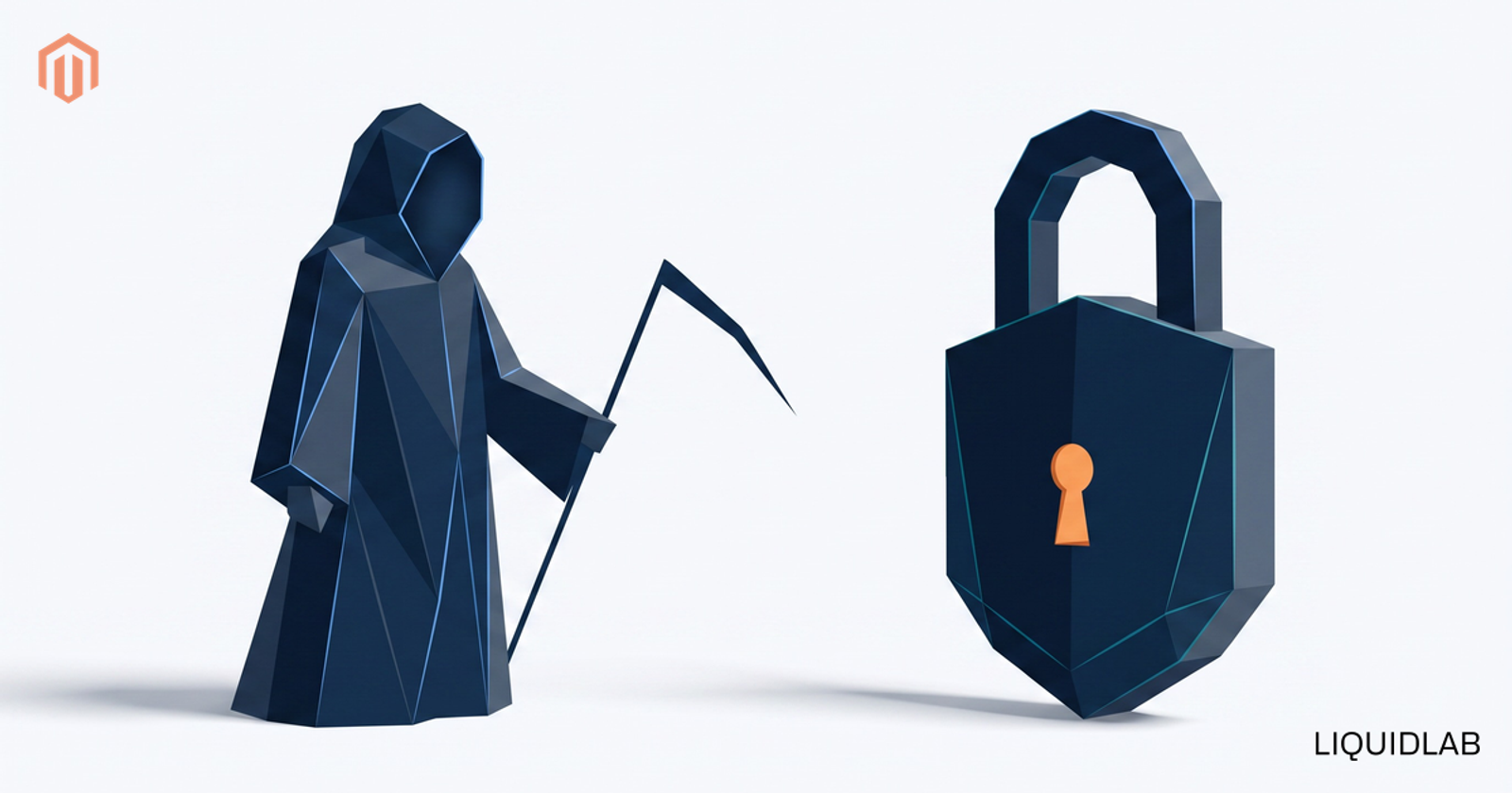 Ilustratie editoriala cu o figura geometrica joasa-poligonala, cu gluga, tinand o coasa, aflata fata in fata cu un lacat cu o gaura de cheie portocalie luminoasa, ambele in nuante asortate de bleumarin, simbolizand o vulnerabilitate cunoscuta confruntata cu un sistem securizat si actualizat.