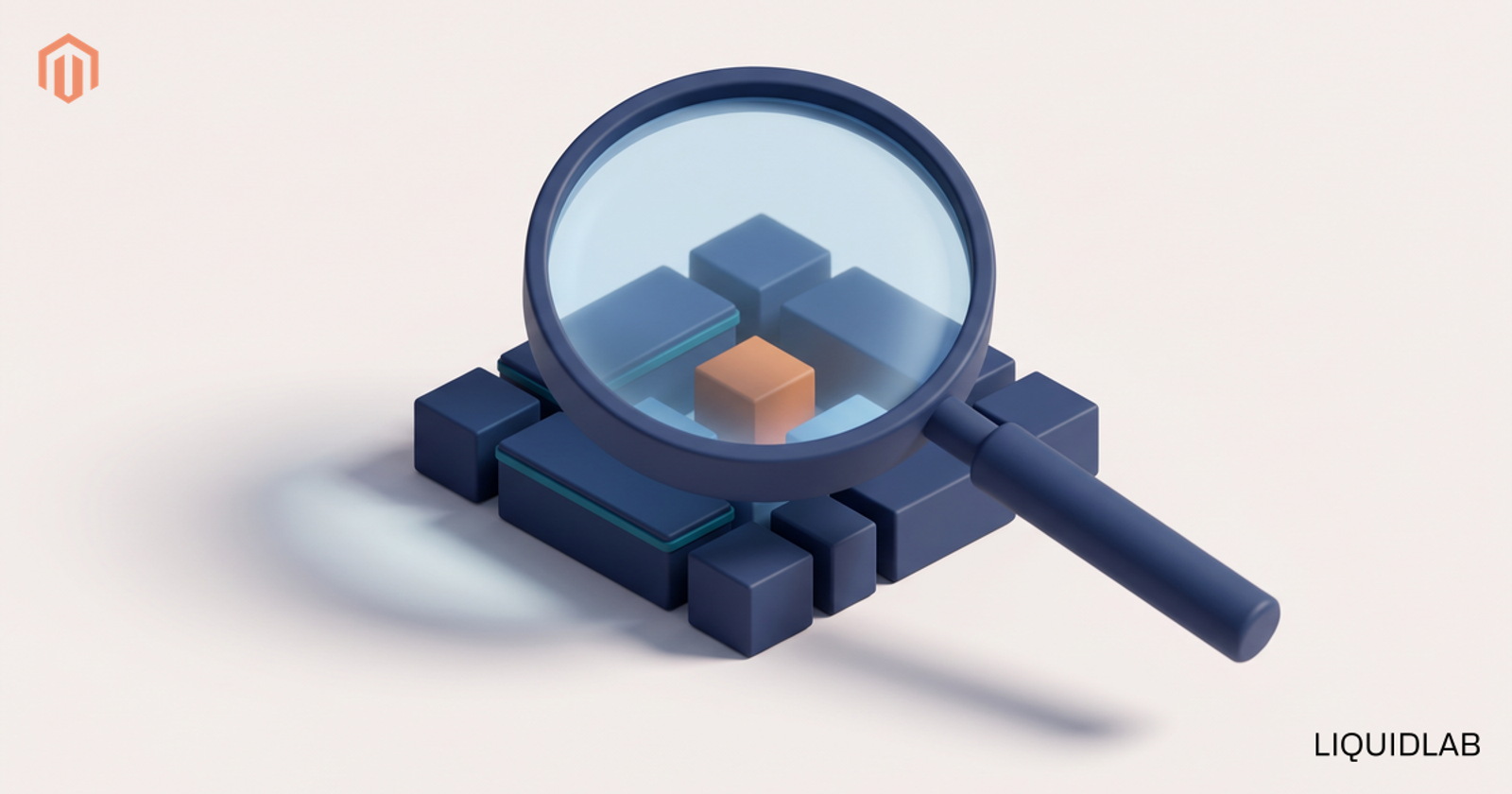 A deep navy magnifying lens inspecting a cluster of small navy modular blocks on a pale off-white surface, with one warm orange cube highlighted in focus under the lens, illustrating a careful audit that scopes the real cost of a Magento project.