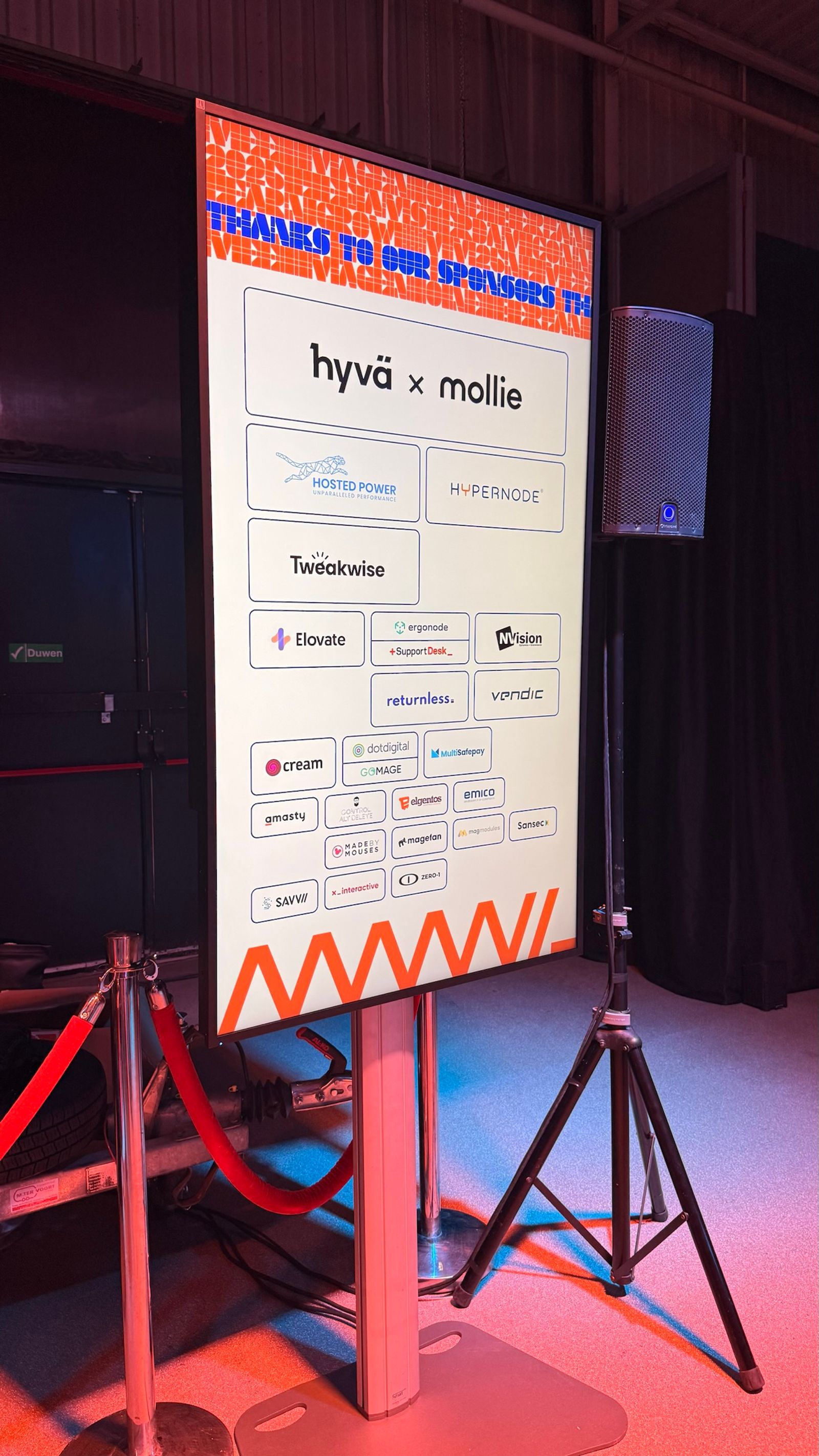 The Meet Magento Netherlands 2025 sponsor board, with Hyvä × Mollie at the top, then Hosted Power, Hypernode and Tweakwise.