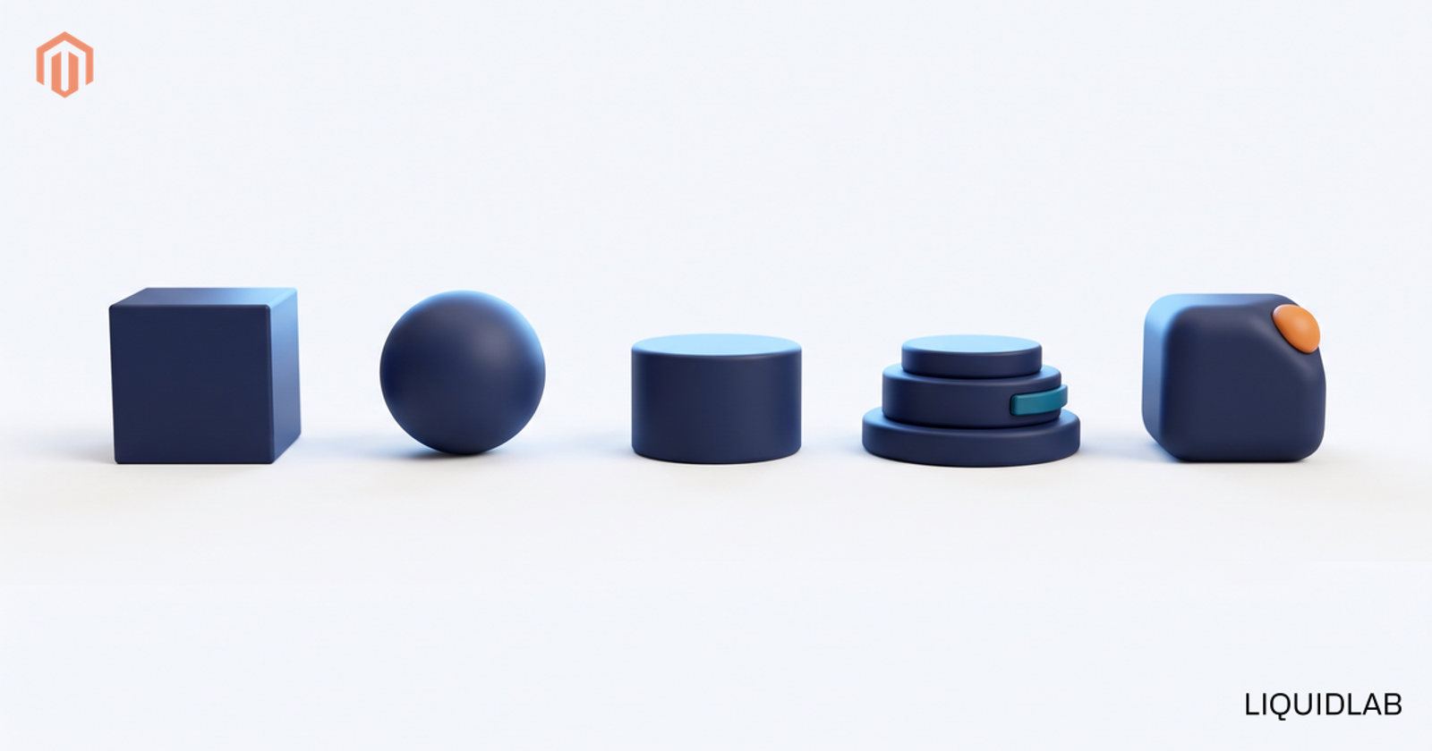 A horizontal row of five distinct navy modules of varied shapes softly lit in blue, one with an orange accent and one teal, illustrating a sequence of milestones across a year.
