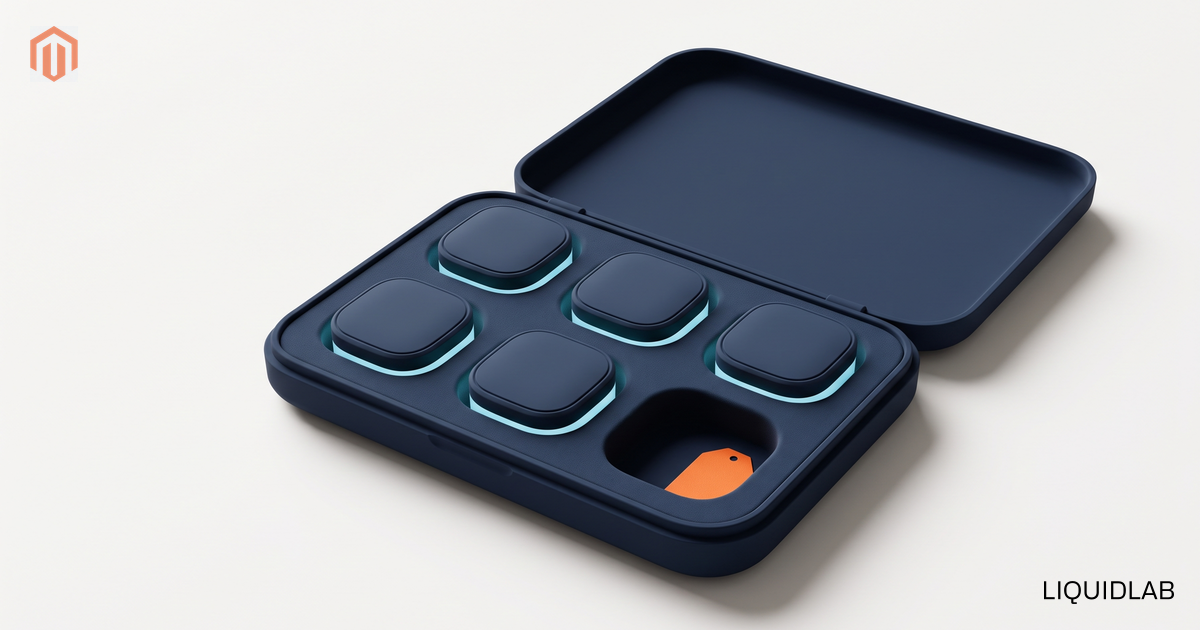 An editorial illustration of an open navy carrying case with six cut compartments, five holding a neatly seated object lit from beneath and the sixth left conspicuously empty with a small orange tag in it, symbolizing the one asset a merchant does not hold when the agency keeps it.
