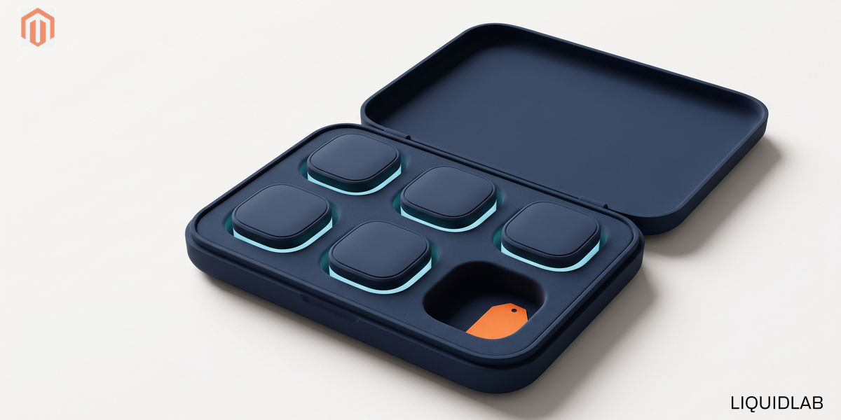 An editorial illustration of an open navy carrying case with six cut compartments, five holding a neatly seated object lit from beneath and the sixth left conspicuously empty with a small orange tag in it, symbolizing the one asset a merchant does not hold when the agency keeps it.