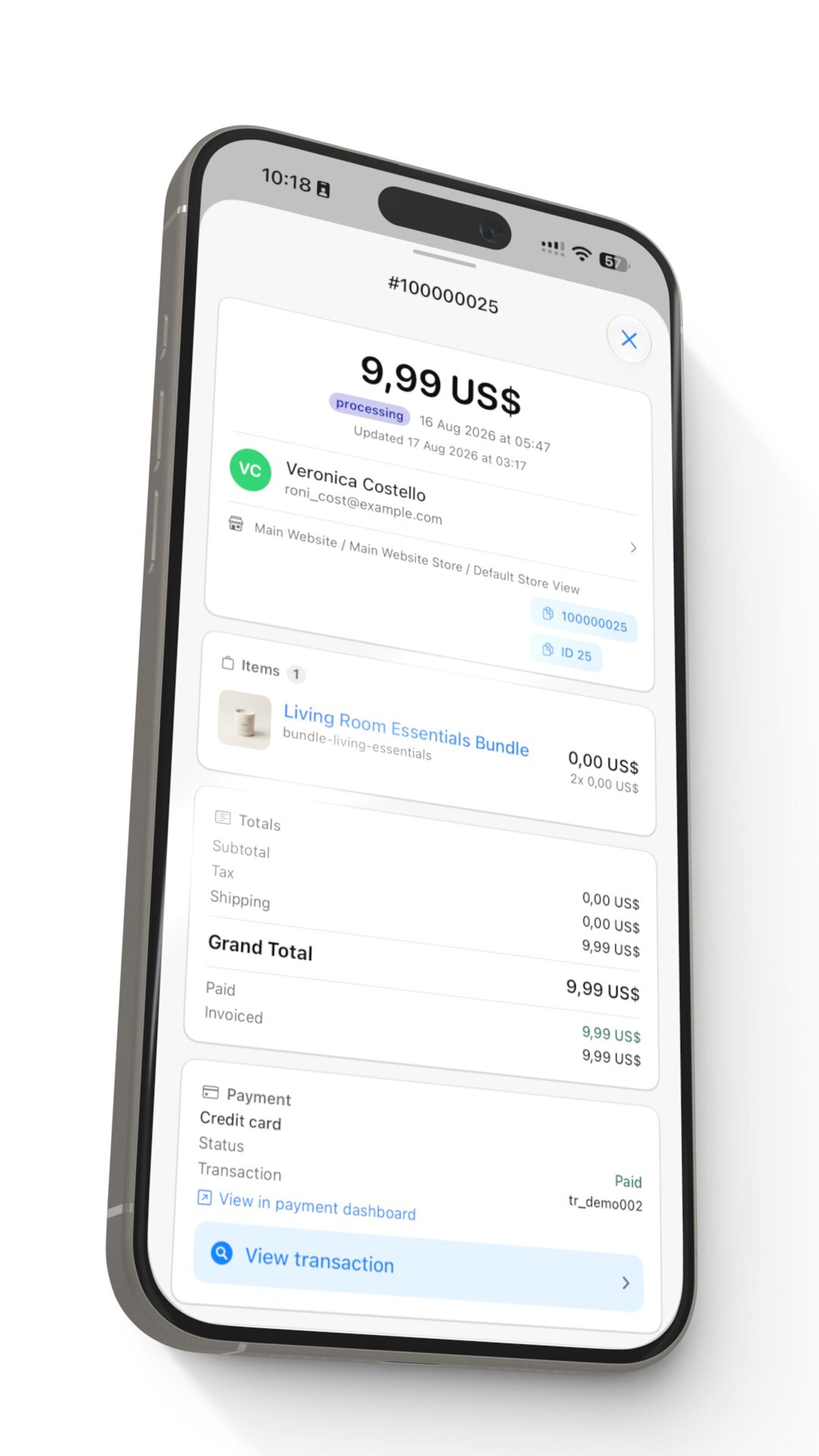 An order opened into its items, totals, paid and invoiced amounts and payment, with one-tap links to the customer and transaction.