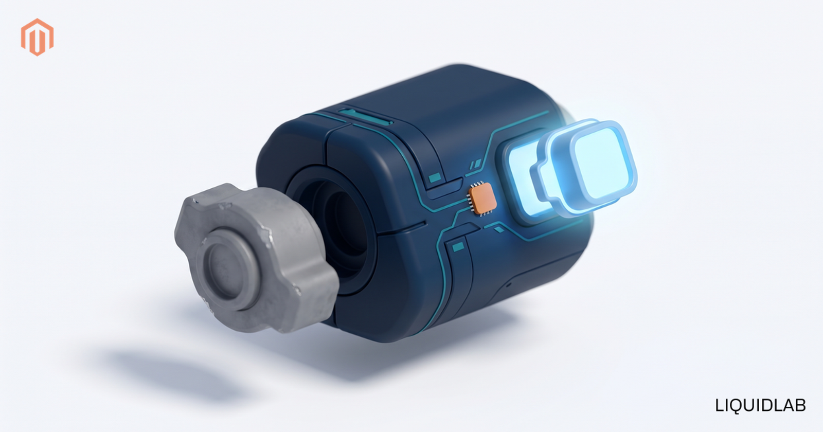 A navy core module being upgraded: a dim grey component drifts away while a glowing blue component with an orange accent chip clicks into place, illustrating a version upgrade and a retired runtime.