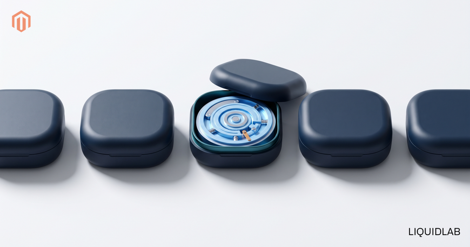 A row of matte cases with the central one open to reveal a precise inner mechanism, illustrating how to look inside before choosing a Magento agency.