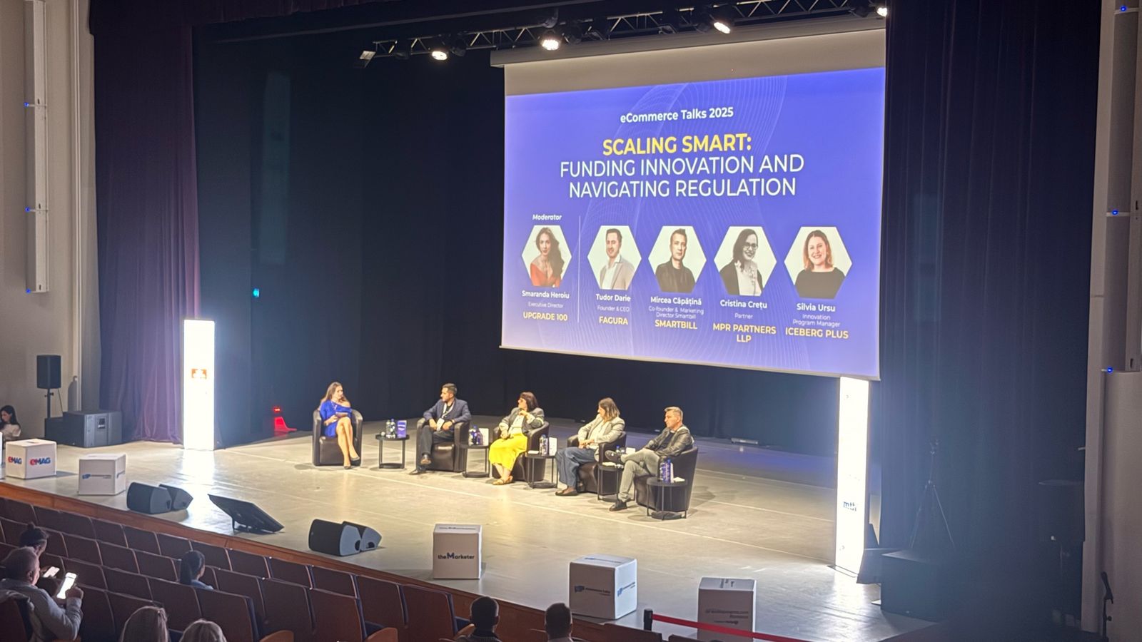 The “Scaling Smart: Funding Innovation and Navigating Regulation” panel on stage in the Aula Magna at eCommerce Talks 2025.