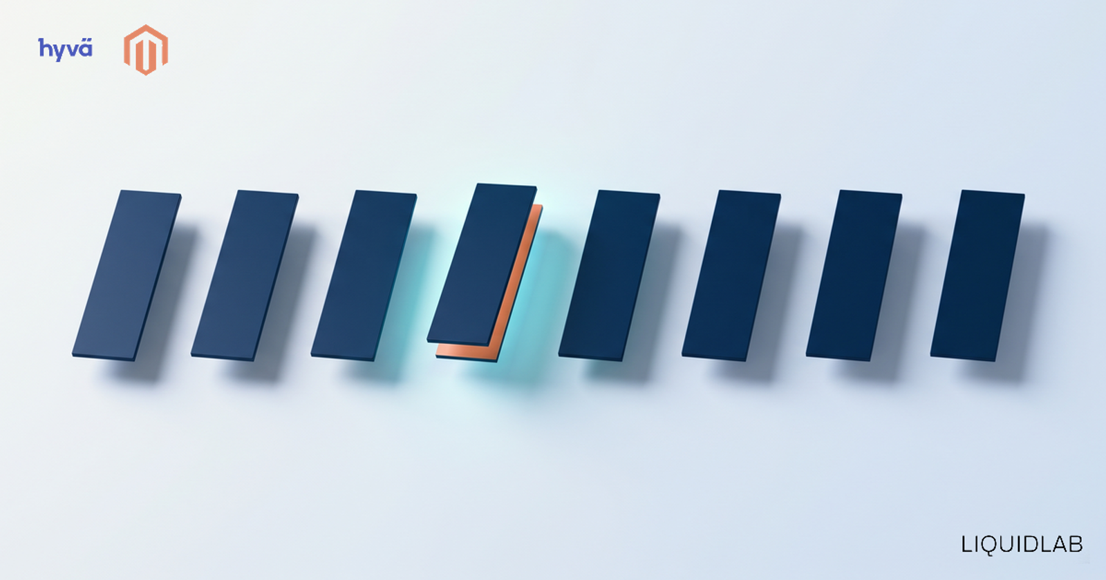 A row of eight identical navy plates with one turned over to show a different face, the difference only visible once you look behind it