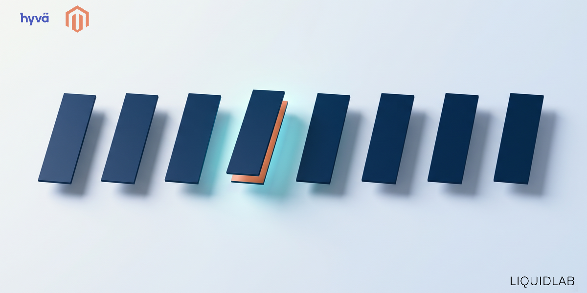 A row of eight identical navy plates with one turned over to show a different face, the difference only visible once you look behind it