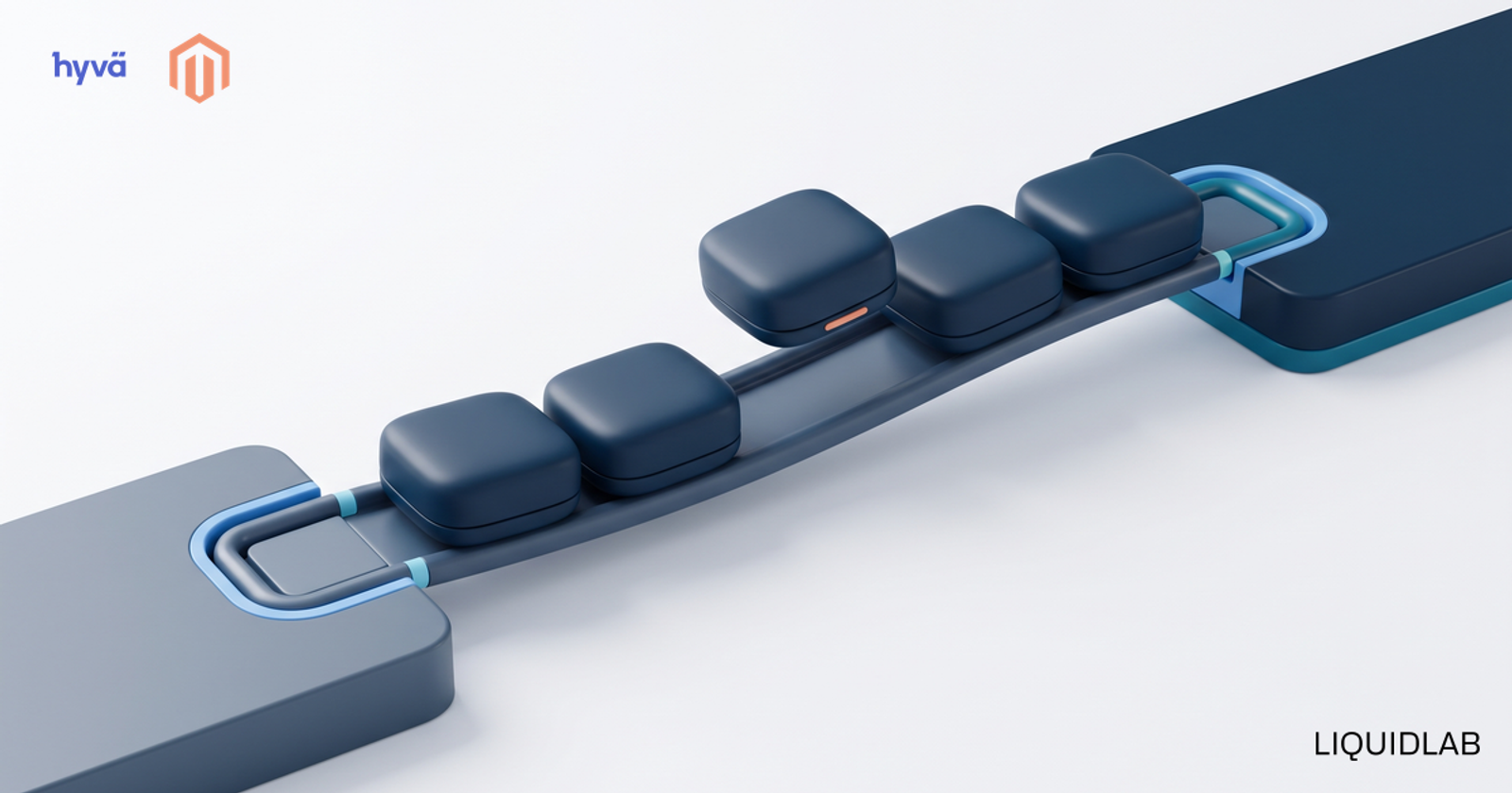 Modular blocks gliding along a rail from a grey platform to a navy platform, illustrating a staged Magento to Hyva migration.