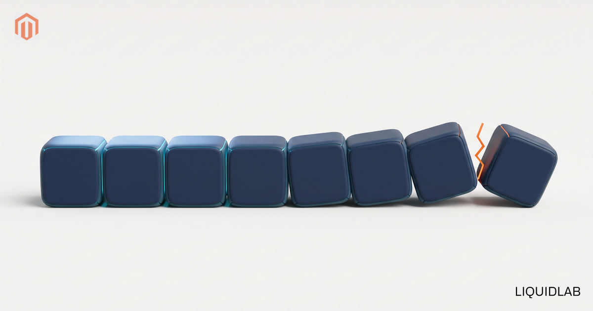 An editorial illustration of a low span built from eight navy segments, tight and evenly lit at the left end, then progressively tilting apart as the light in the joints fades, ending in a separated segment split by an orange fracture, symbolizing a store degrading month by month without maintenance.