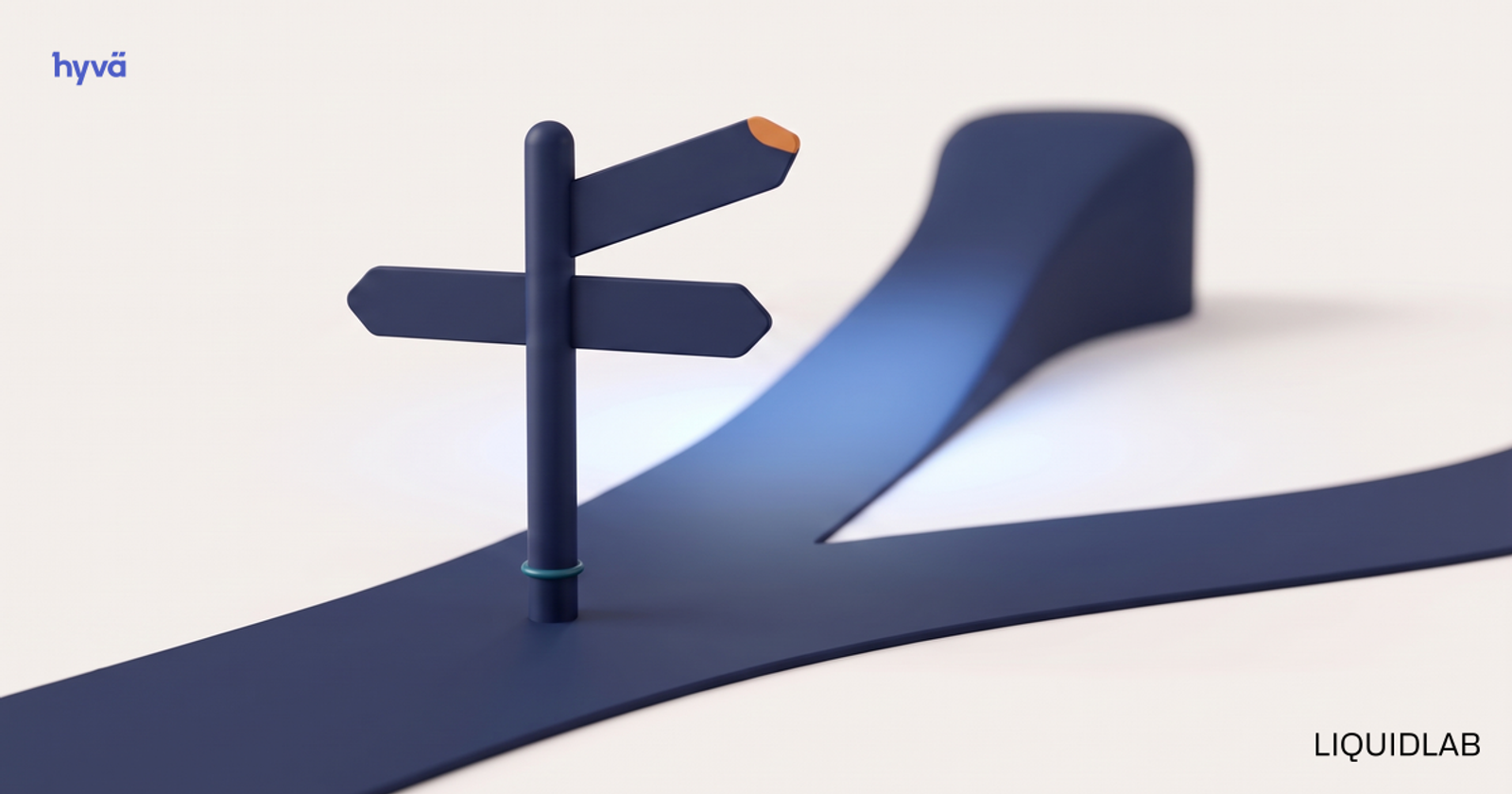 A deep navy directional signpost standing where a smooth navy path forks in two on a pale off-white surface; one arm points up a rising path that glows soft blue toward a destination, the other along a flat lane, with a small warm orange accent on the chosen arm. It illustrates an honest decision about whether and when to migrate to Hyva.