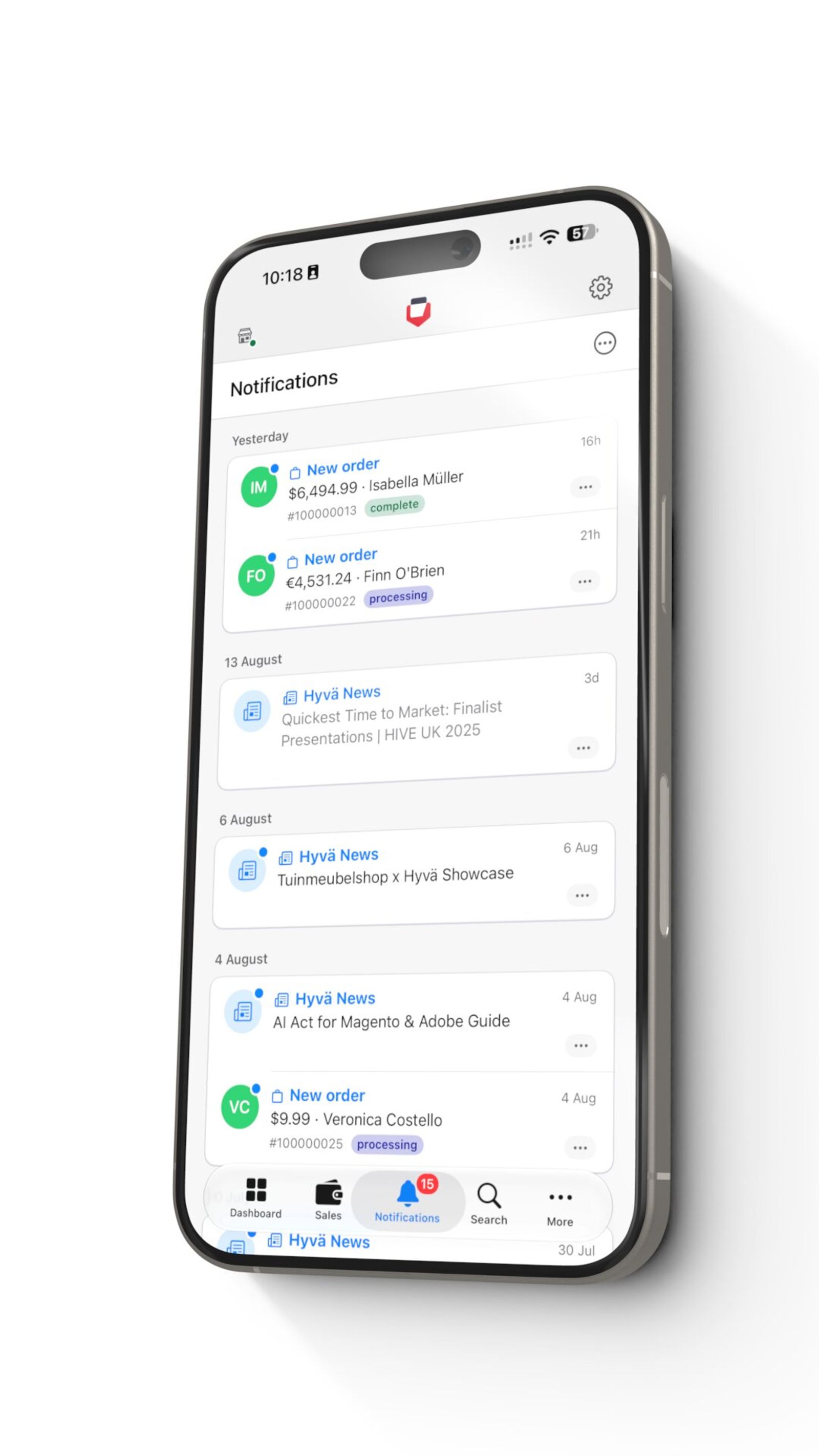 Push notifications for new orders and Hyvä news, so a sale reaches your phone the moment it happens.