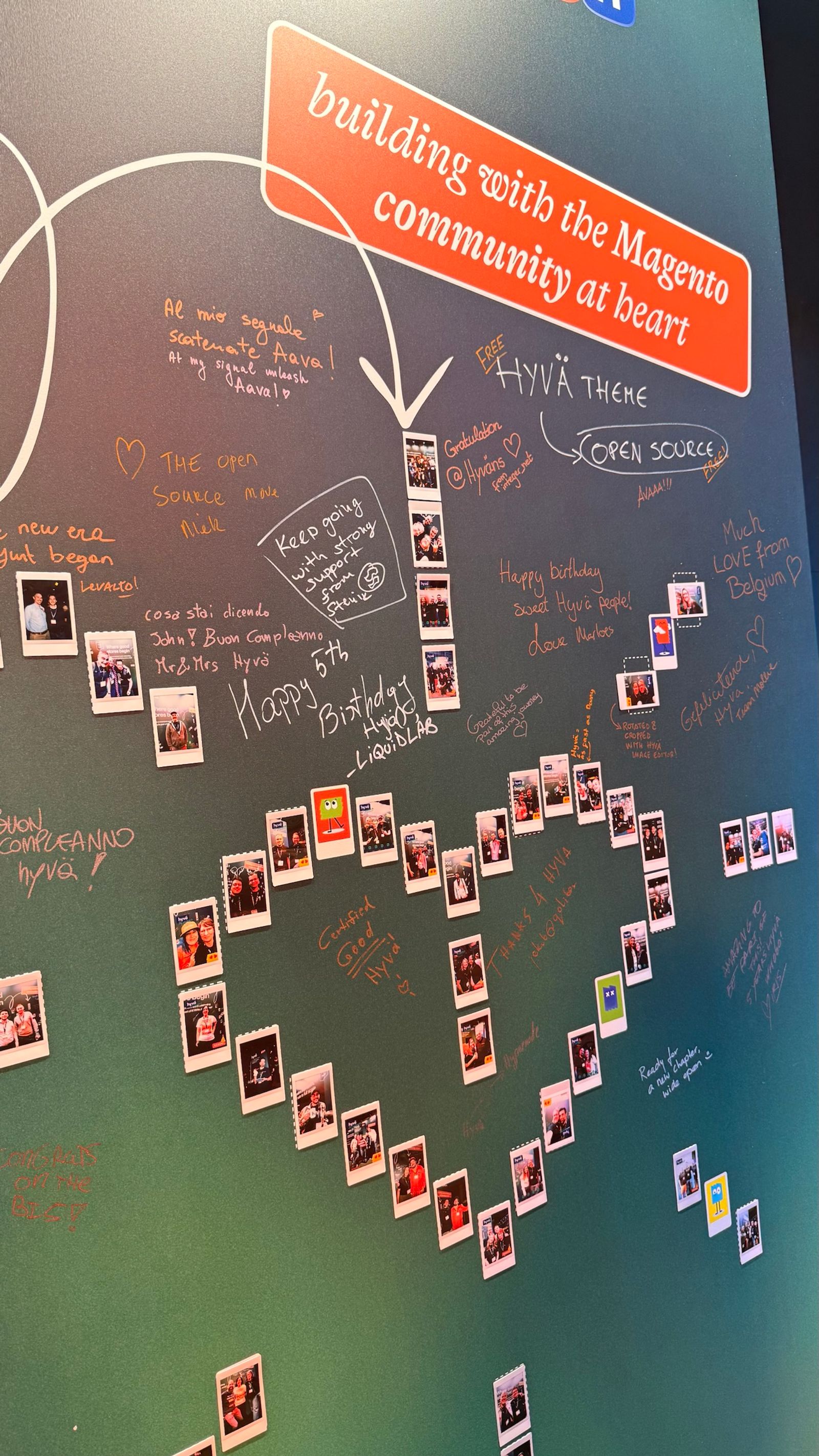 The birthday wall at the Hyvä stand, with the message Happy 5th Birthday Hyvä signed LIQUIDLAB, among instant photos and wishes in several languages.