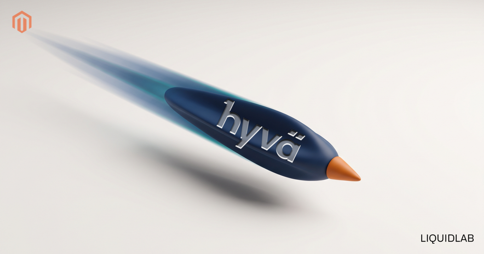 A deep navy dart accelerating forward with a soft blue and teal motion trail, the Hyva wordmark engraved in white into its body and a warm orange tip, illustrating Hyva turning storefront speed into momentum for Romanian merchants.