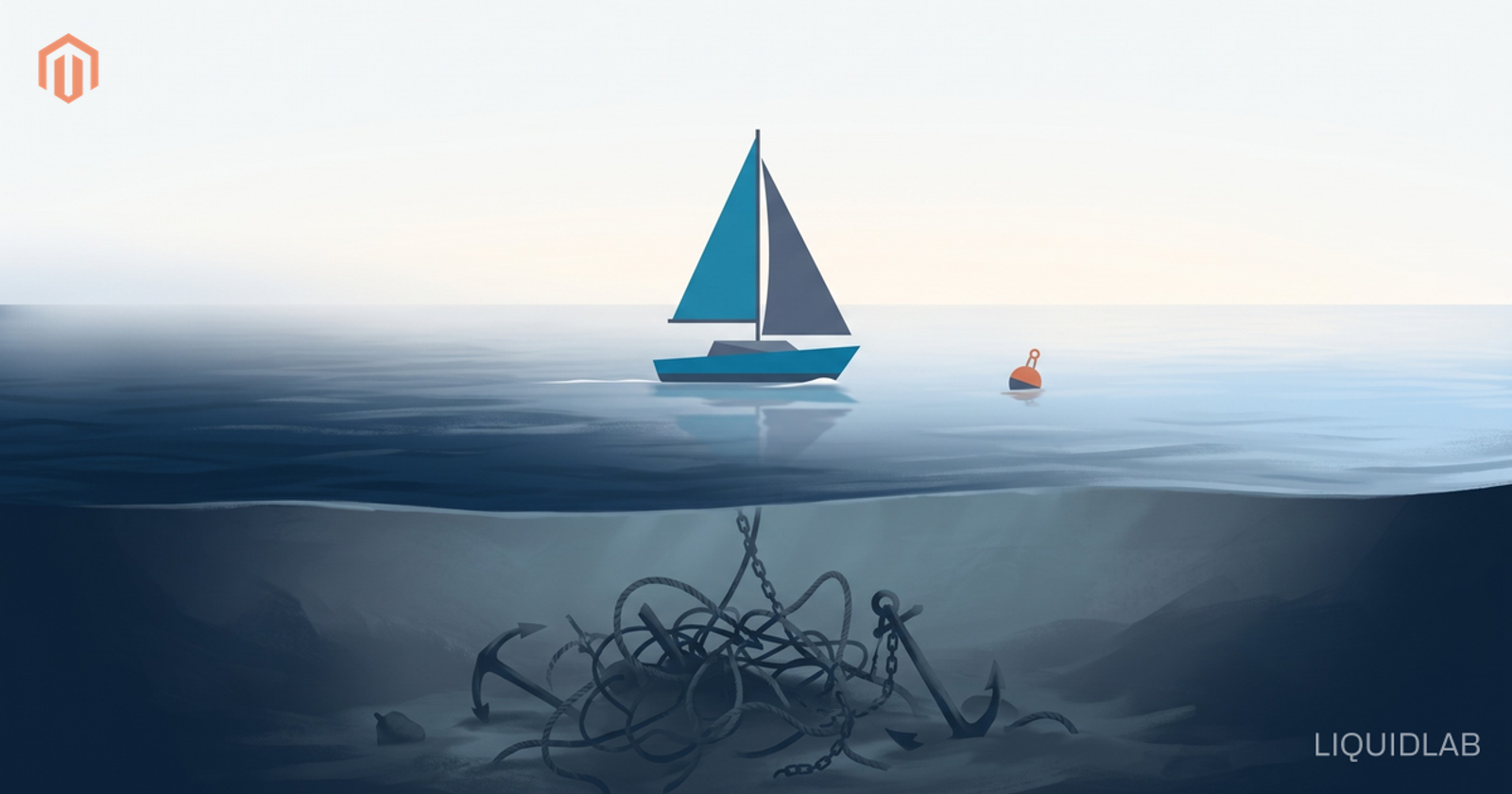 Side view of a small sailing boat gliding on a calm dawn sea, with a tangle of ropes, chains and old anchors submerged directly beneath it, half-buried in silt on the seabed.