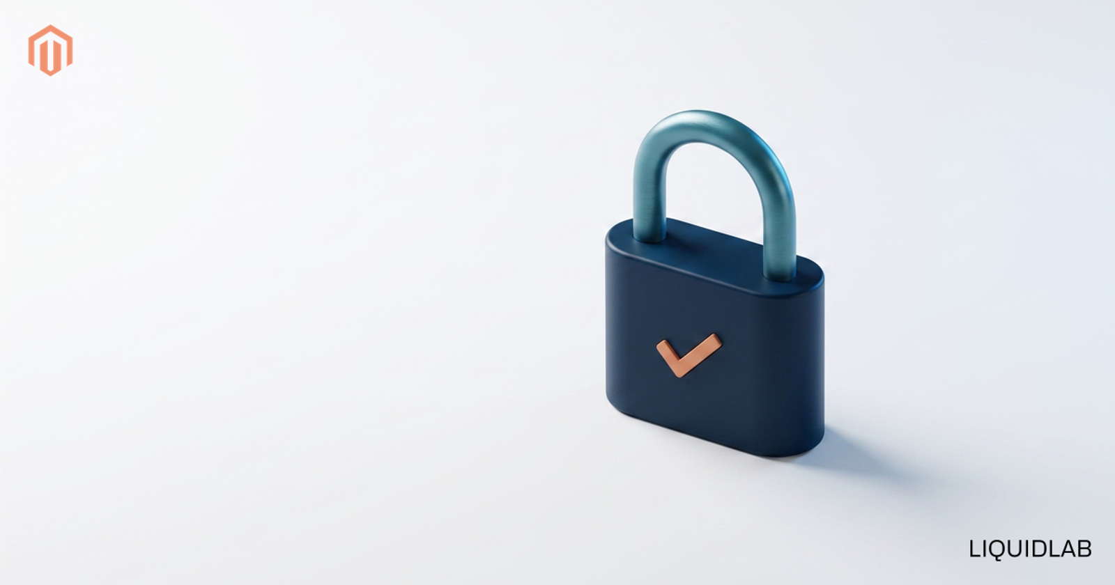 Un lacăt navy închis cu o mică bifă portocalie, ilustrând un magazin Magento securizat și verificat.