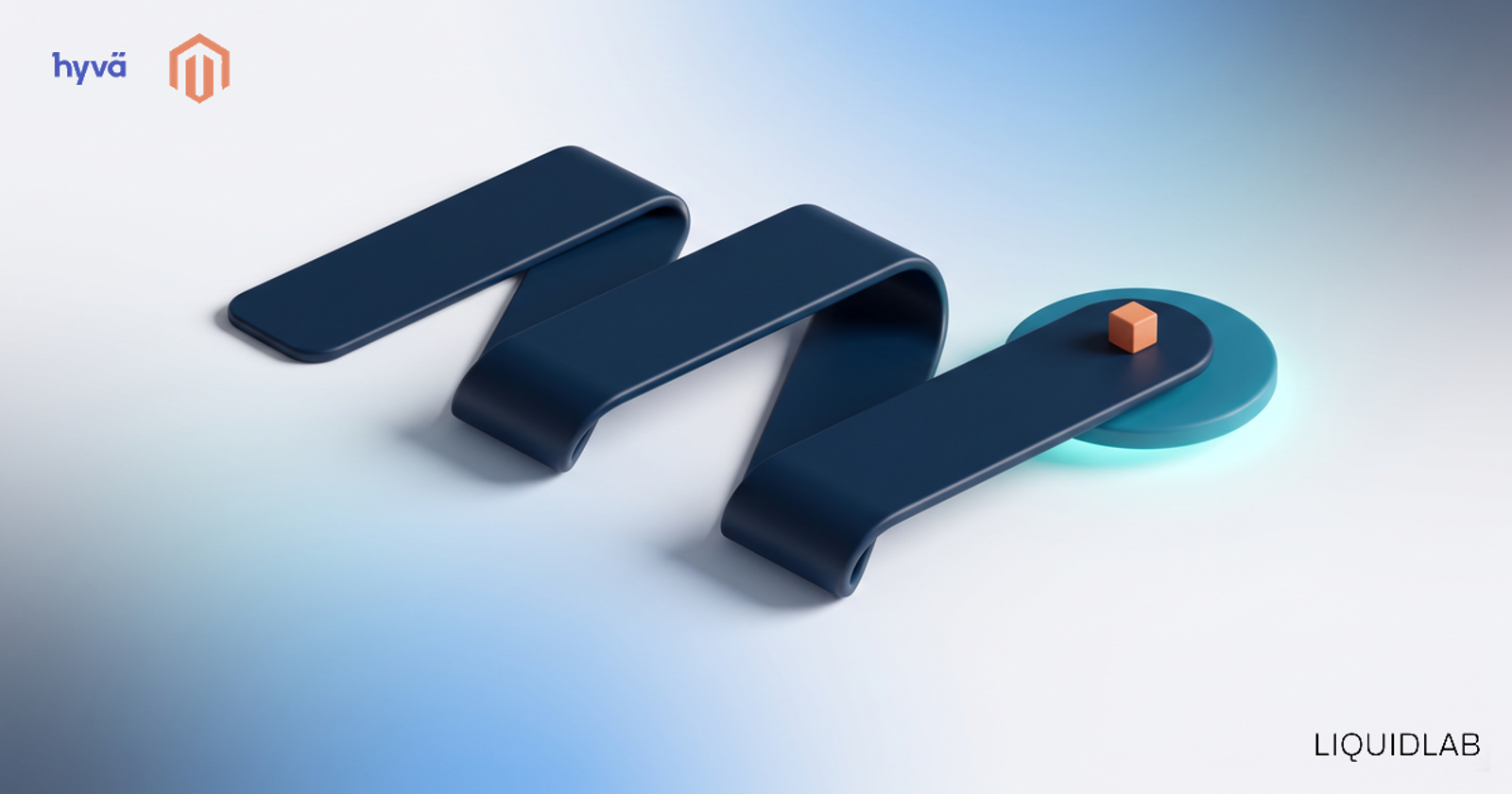 A navy ribbon folding through three stages and arriving on a glowing teal pad, a checkout path that ends in one place