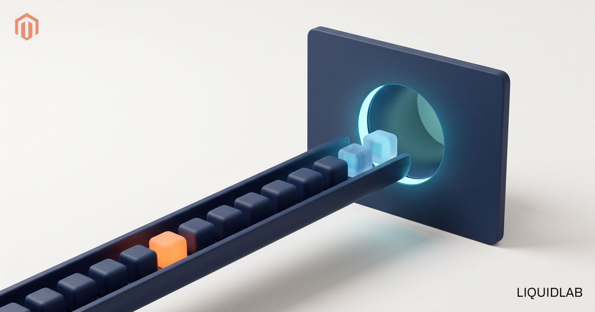 An editorial illustration of a long navy chute carrying a single-file stream of small cubes toward a glowing circular aperture in a standing panel, with one orange cube in the queue, symbolizing a Magento catalogue being fed into a new AI shopping channel.