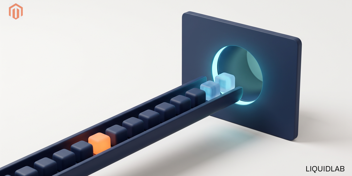 An editorial illustration of a long navy chute carrying a single-file stream of small cubes toward a glowing circular aperture in a standing panel, with one orange cube in the queue, symbolizing a Magento catalogue being fed into a new AI shopping channel.