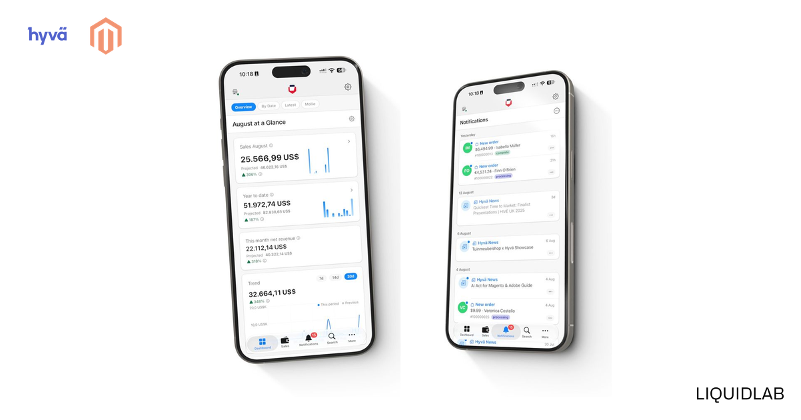 Two iPhones showing the Hyvä Pocket app: the sales dashboard and the notifications feed, with the Hyvä and Magento logos.