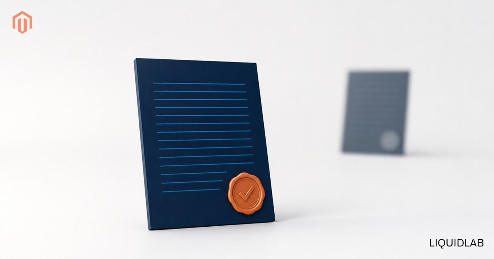 O factură navy cu un sigiliu de ceară portocaliu și o bifă, ilustrând o e-Factură românească validată pentru Magento.