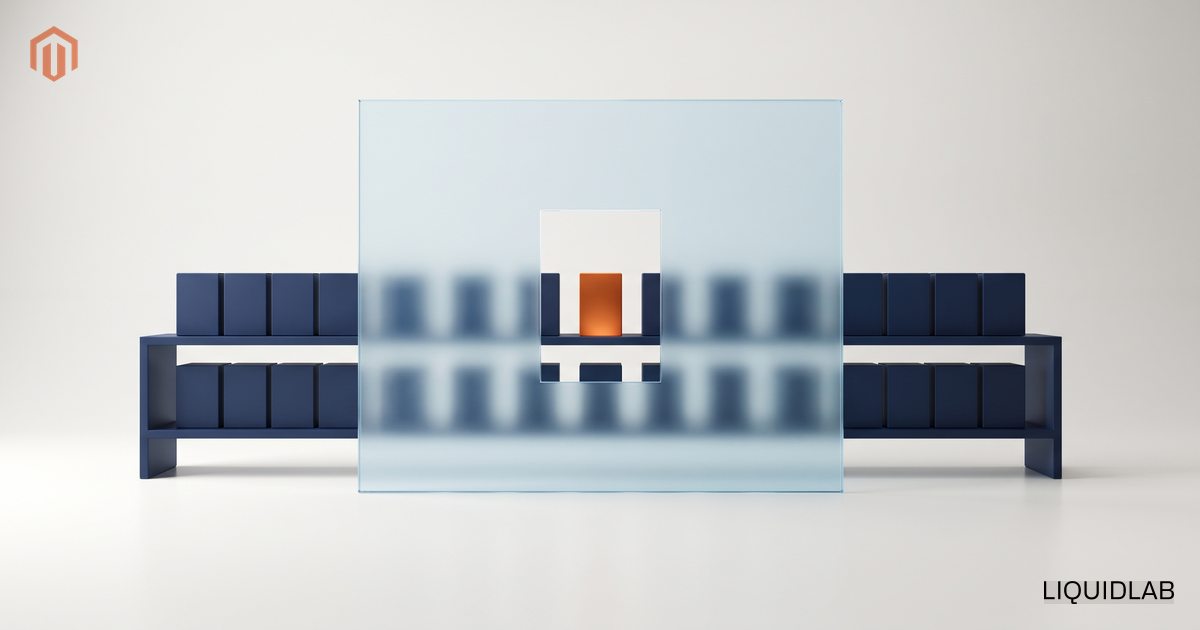 An editorial illustration of a long navy shelf of identical product boxes standing behind a frosted glass panel that blurs them into unreadable shapes, with one clear cut window through which a single orange box reads sharply, symbolizing a closed B2B catalog where the public sees nothing and each logged-in company sees only its own products and its own prices.