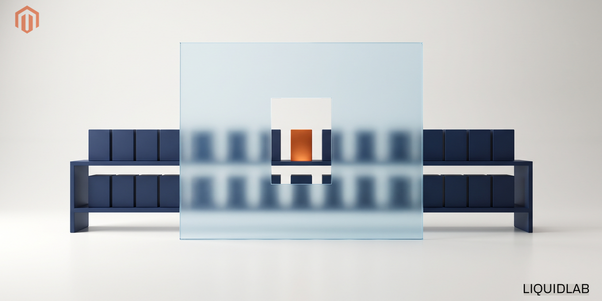 An editorial illustration of a long navy shelf of identical product boxes standing behind a frosted glass panel that blurs them into unreadable shapes, with one clear cut window through which a single orange box reads sharply, symbolizing a closed B2B catalog where the public sees nothing and each logged-in company sees only its own products and its own prices.