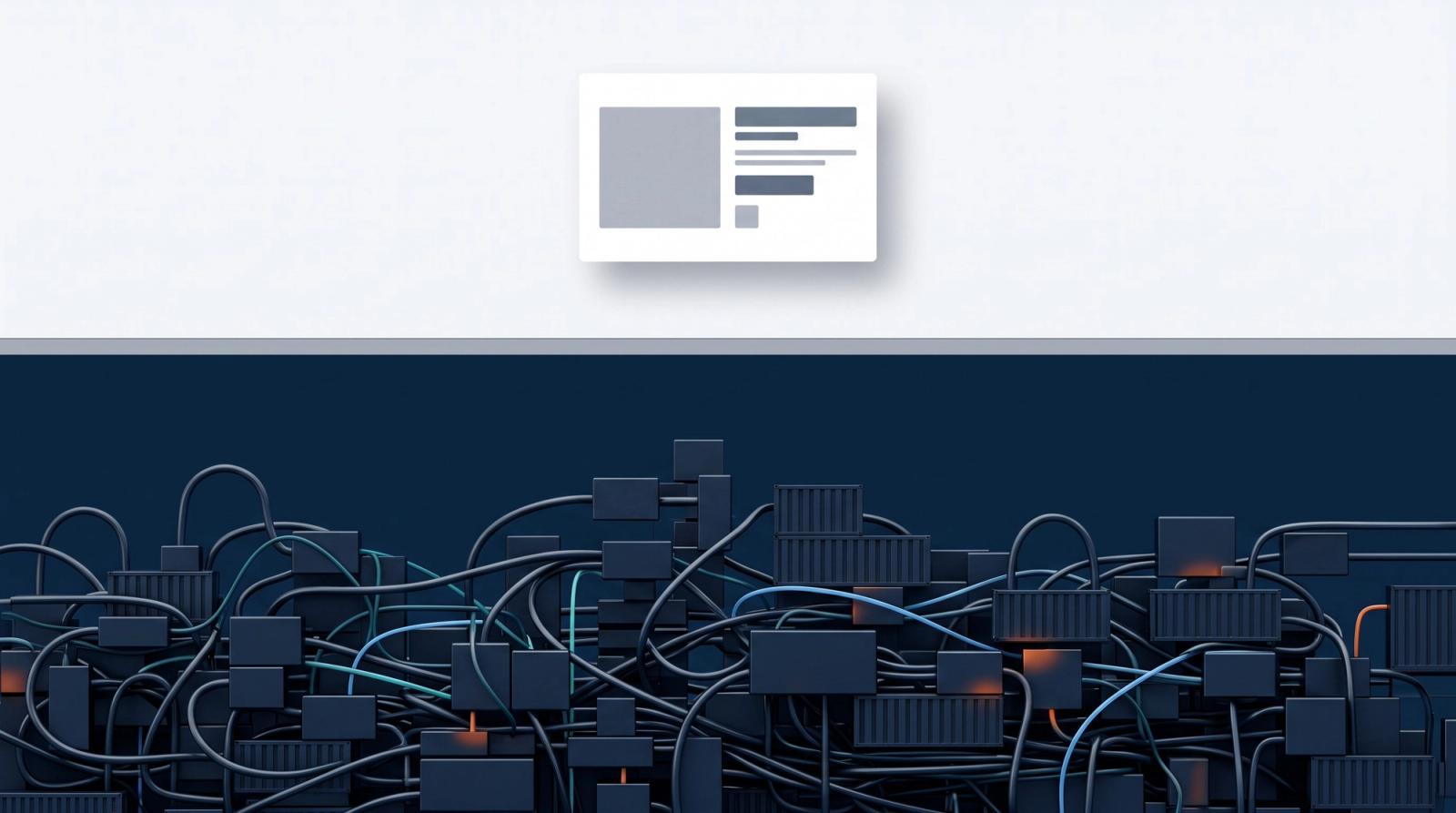 A clean, minimal online store page sitting above a thin dividing line, with a dense tangle of dark server blocks, pipes and cables packed below it, illustrating how a fast Hyvä frontend can hide a slow Magento backend.