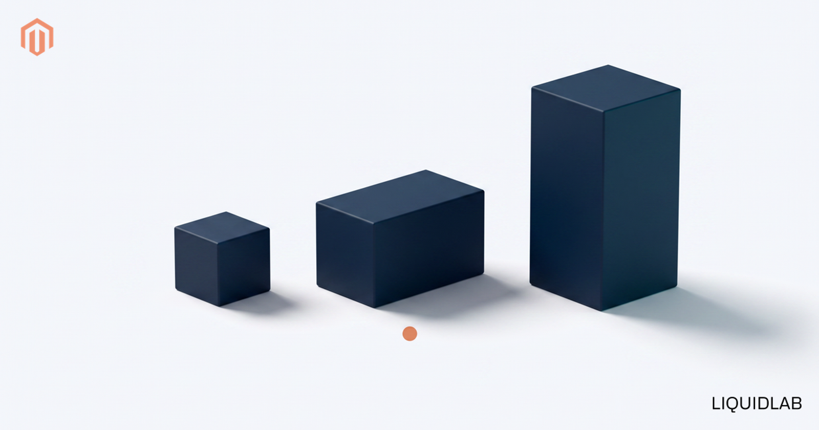 Three geometric objects standing side by side on a pale off-white surface in ascending size from left to right, all in restrained deep navy: a small cube on the left, a medium rectangular block in the middle, a large rectangular tower on the right. A small muted orange dot sits at the base of the middle object.