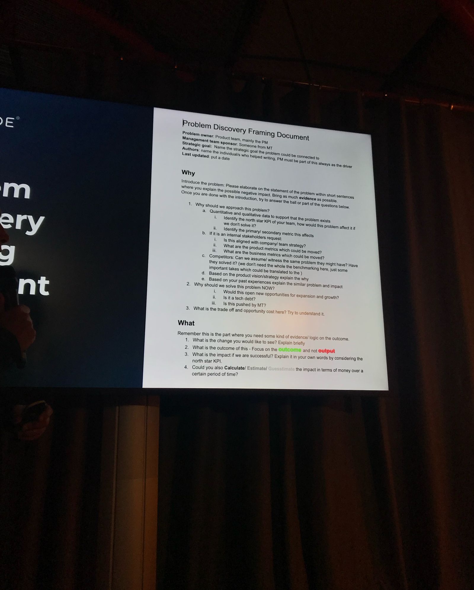 Slide cu „Problem Discovery Framing Document”: întrebările de ce, de ce acum și ce, cu impactul estimat în bani.