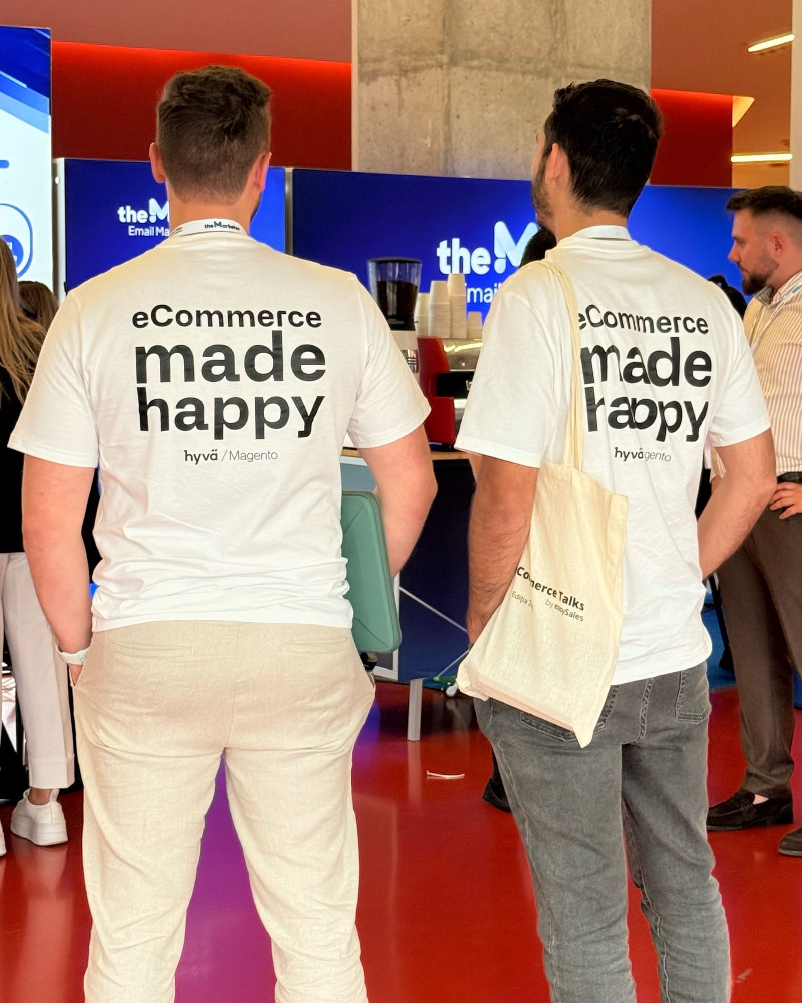 The back of the LIQUIDLAB T-shirts, reading “eCommerce made happy” and “hyvä / Magento”, at eCommerce Talks 2025.
