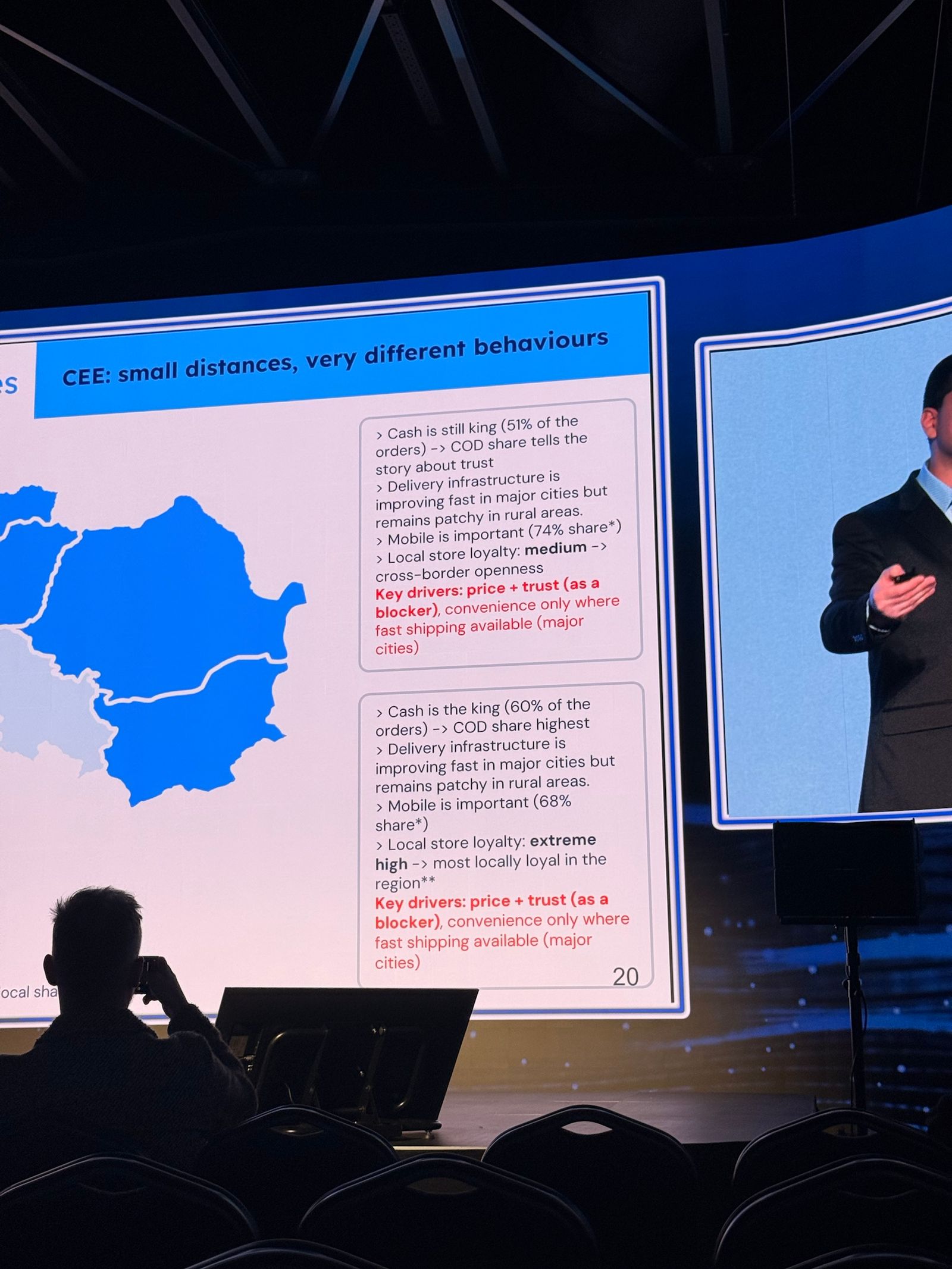 Heureka Group slide "CEE: small distances, very different behaviours" with a map of Romania and Bulgaria and their cash and mobile shares.