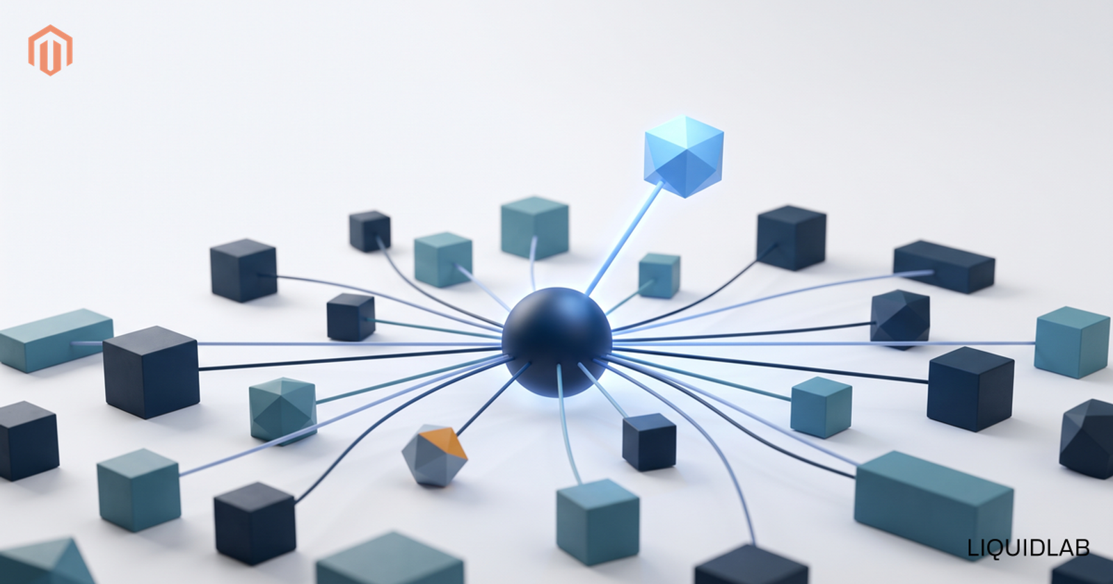 A central node linked by lines to a field of blocks with one block highlighted, illustrating how AI search selects a single source in answer engine optimisation.