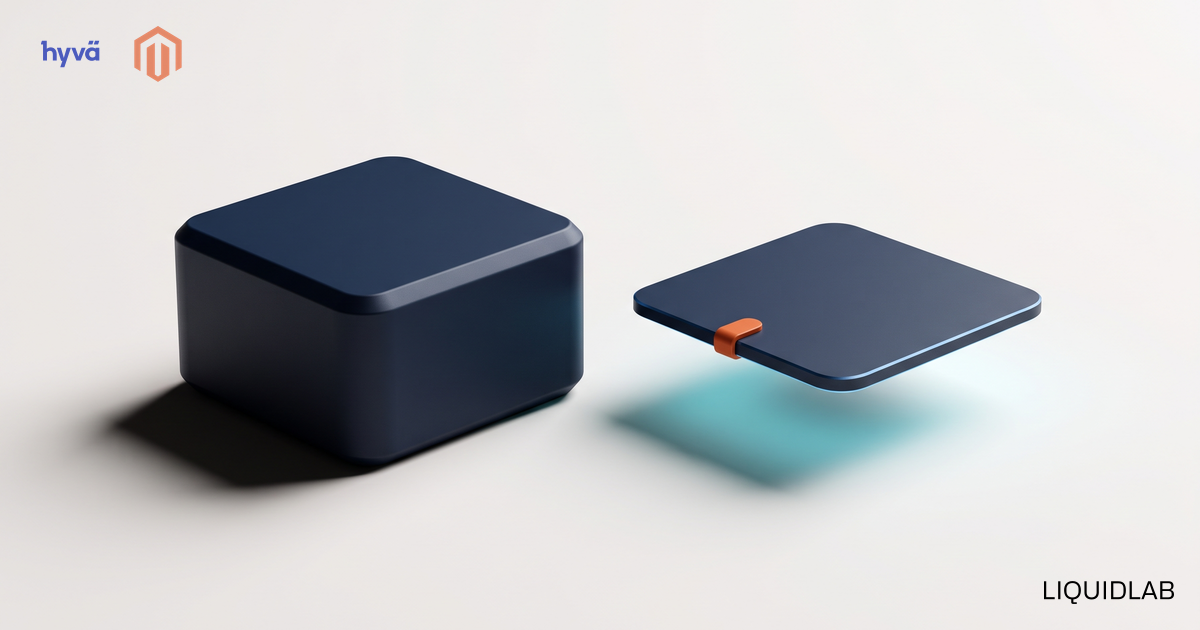 An editorial illustration of two objects with the same square footprint side by side, a thick heavy navy block casting a deep shadow and, beside it, a single thin plate floating above the surface on a soft cyan glow with one small orange marker, symbolizing the same storefront carrying far less weight on Hyvä.