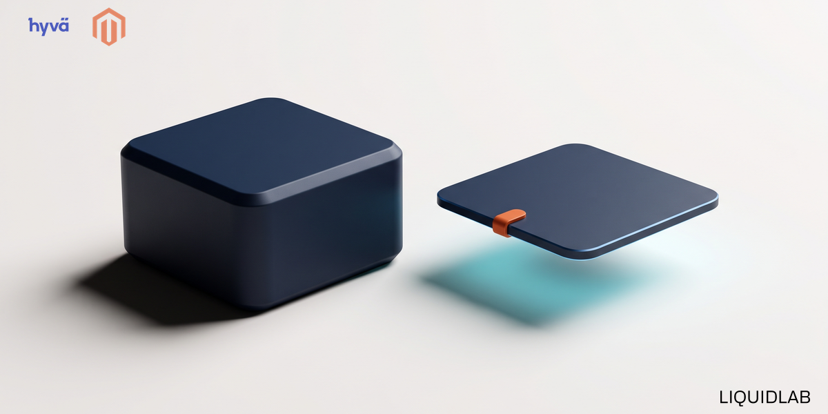 An editorial illustration of two objects with the same square footprint side by side, a thick heavy navy block casting a deep shadow and, beside it, a single thin plate floating above the surface on a soft cyan glow with one small orange marker, symbolizing the same storefront carrying far less weight on Hyvä.