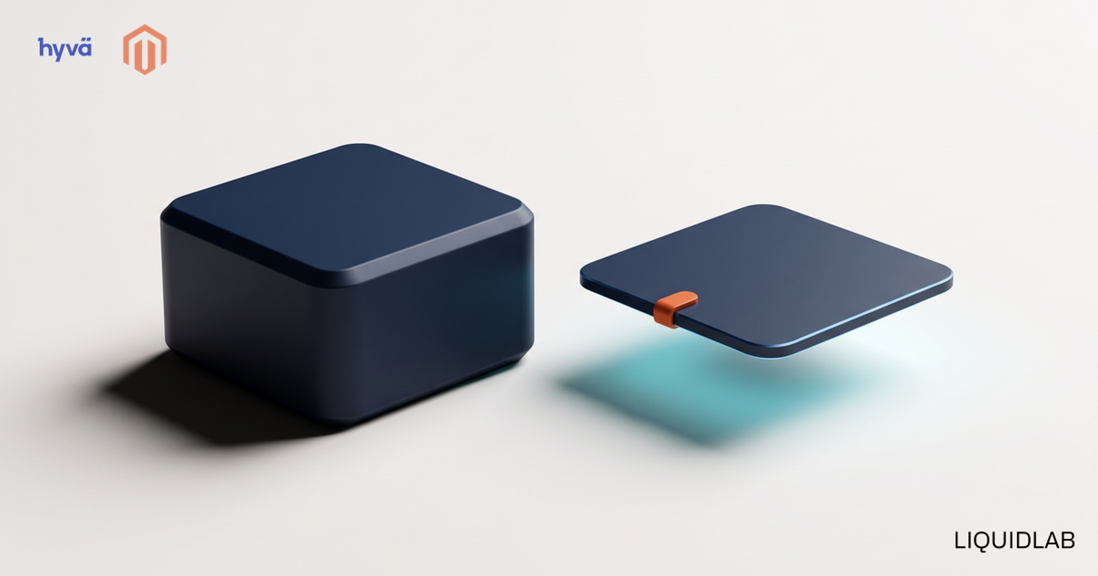 An editorial illustration of two objects with the same square footprint side by side, a thick heavy navy block casting a deep shadow and, beside it, a single thin plate floating above the surface on a soft cyan glow with one small orange marker, symbolizing the same storefront carrying far less weight on Hyvä.