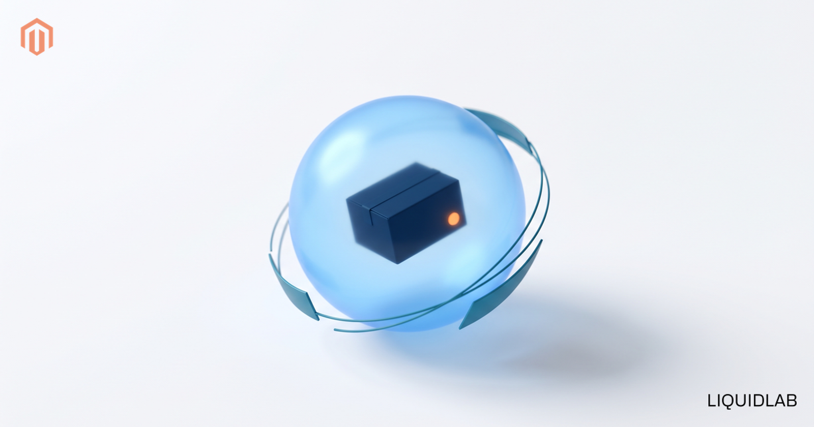 A soft glowing blue AI sphere enveloping a small navy parcel module with an orange confirmation accent, illustrating a purchase completing inside an AI assistant.