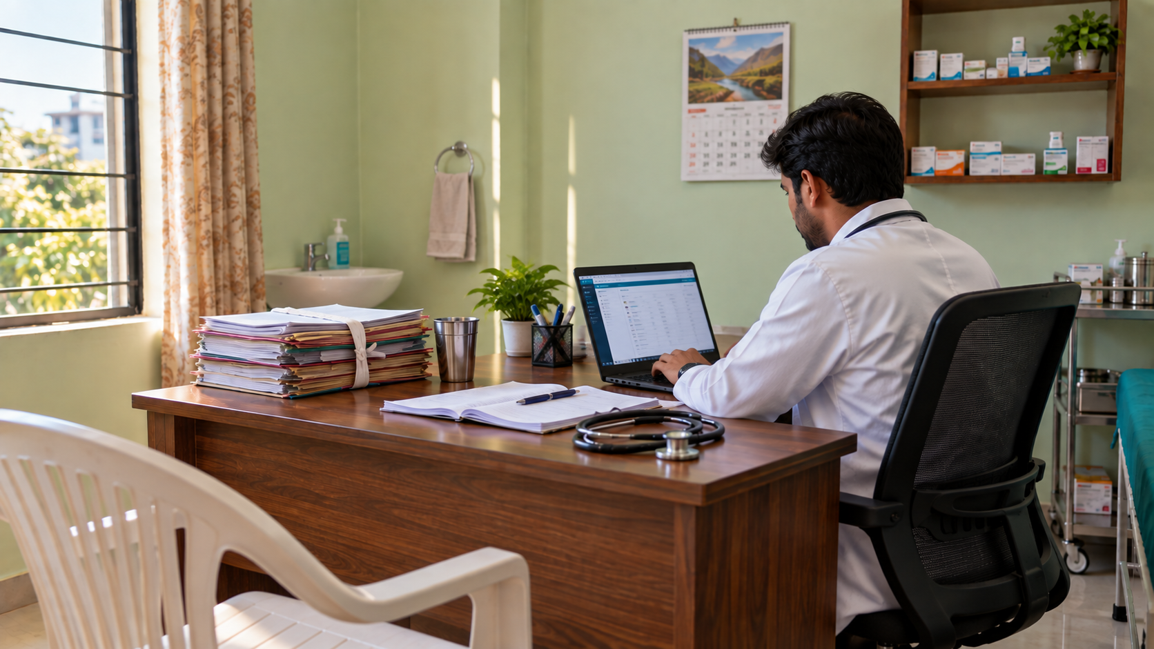 A doctor at a small clinic desk looking at a laptop, with a prescription pad and a stack of paper patient files beside it