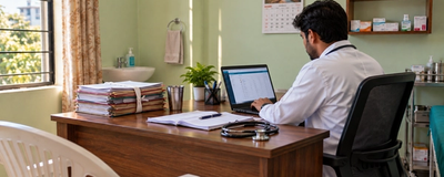 A doctor at a small clinic desk looking at a laptop, with a prescription pad and a stack of paper patient files beside it