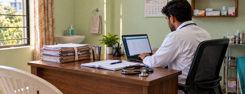 A doctor at a small clinic desk looking at a laptop, with a prescription pad and a stack of paper patient files beside it