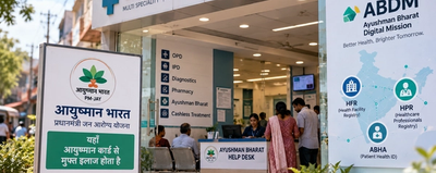 The front of a small private hospital in an Uttar Pradesh town, with a name board and an Ayushman Bharat help desk inside